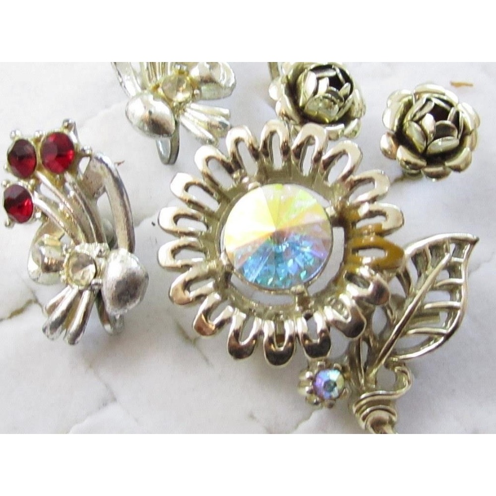 Vintage Jewelry Lot 3Pc Ab Rhinestone Flower Pin, Rose & Floral Sb Earrings - Picture 2 of 4